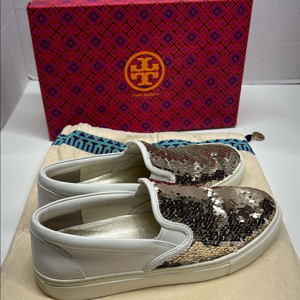 Tory Burch Carter Slip On Sequined Sneakers Shoes Reversible White Gold Size 8